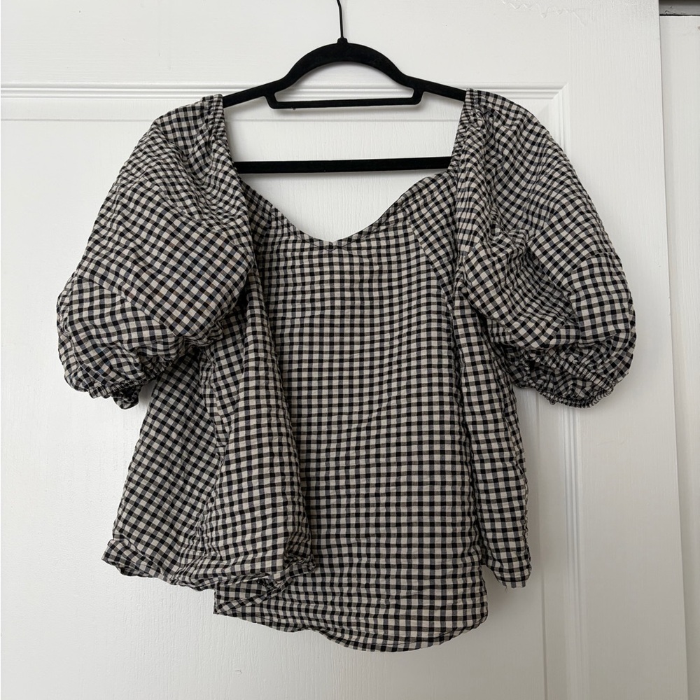 Off Shoulder Maeve Black & White Gingham Puff-Sleeve Blouse